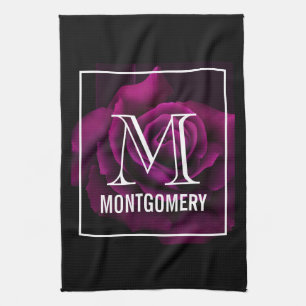 Linge De Cuisine Monogramme gothique à fleurs de rose violet-rouge