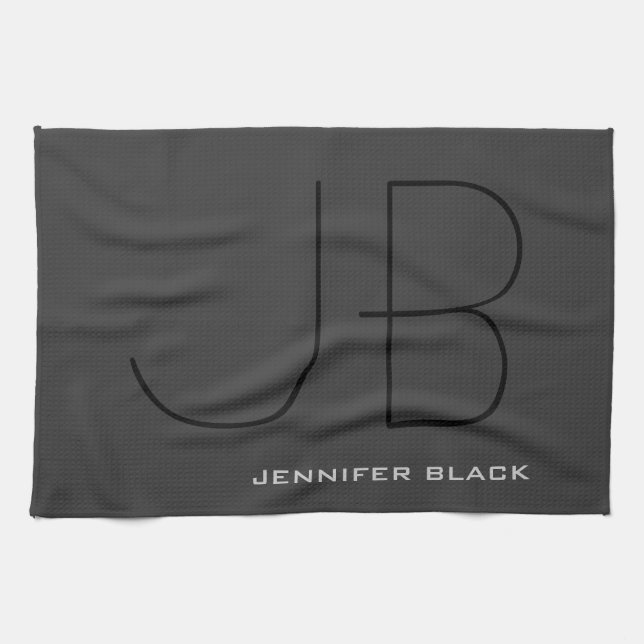 Linge De Cuisine Monogramme Gris Noir Moderne Lettres initiales Nom (Horizontal)