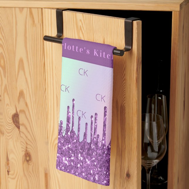 Linge De Cuisine monogramme holographique rose violet (Pliage en tiers)