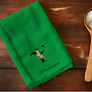 Linge De Cuisine Monogramme initial botanique à l'aquarelle verte