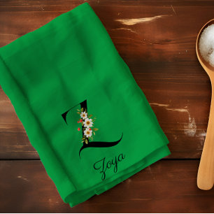 Linge De Cuisine Monogramme initial botanique à l'aquarelle verte