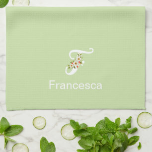 Linge De Cuisine Monogramme initial floral aquarelle beige vert