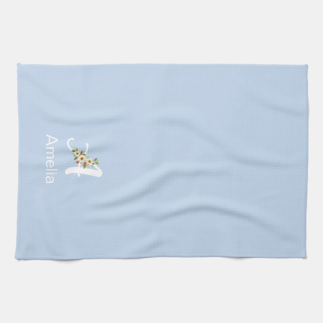 Linge De Cuisine Monogramme initial noir botanique aquarelle bleu (Horizontal)
