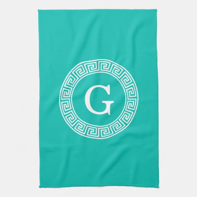 Linge De Cuisine Monogramme initial turquoise Wht Key grecque (Vertical)