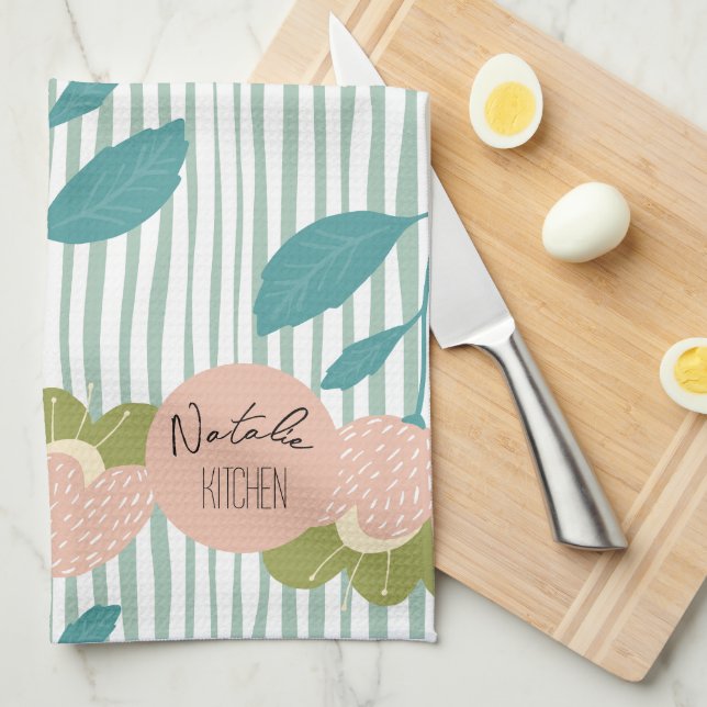 Linge De Cuisine Monogramme joliment élégant Script Retro Floral bl (Quart Plié)