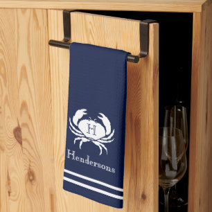 Linge De Cuisine Monogramme Marine Bleu Crabe Blanc Nautique