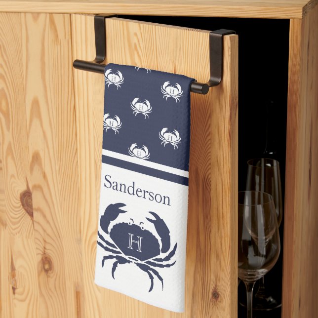 Linge De Cuisine Monogramme Marine Bleu Crabe Blanc Nautique (Pliage en tiers)