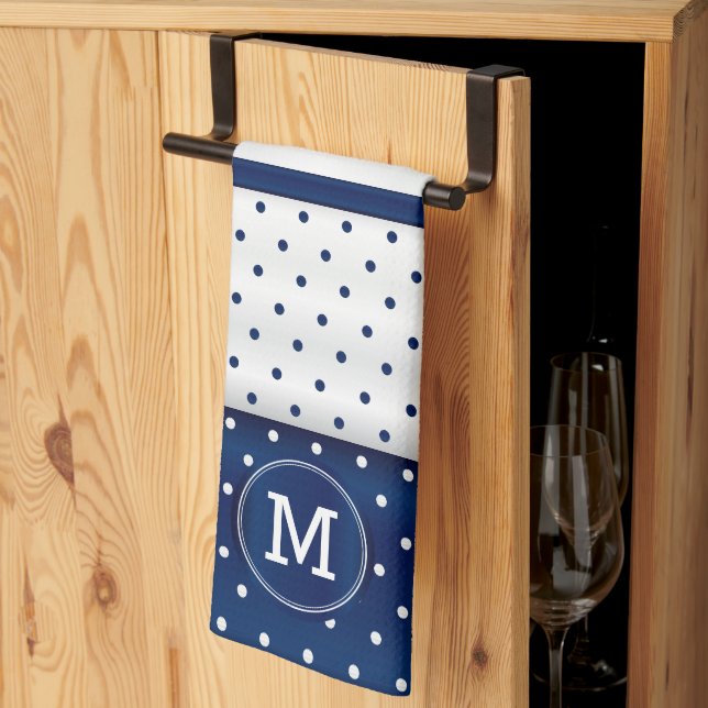 Linge De Cuisine Monogramme Marine bleu et blanc Polka Dot (Pliage en tiers)