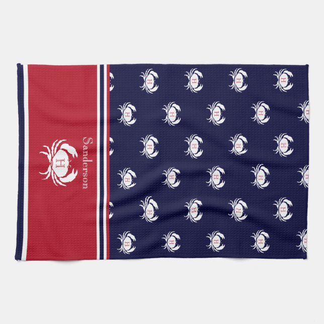 Linge De Cuisine Monogramme Marine Rouge Bleu Crabe Blanc Nautique (Horizontal)