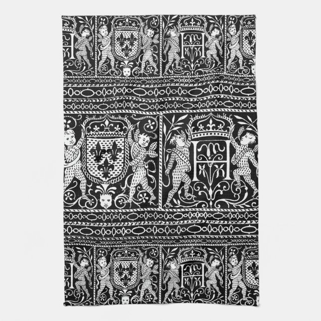 Linge De Cuisine Monogramme médiéval noir et blanc français H de (Vertical)
