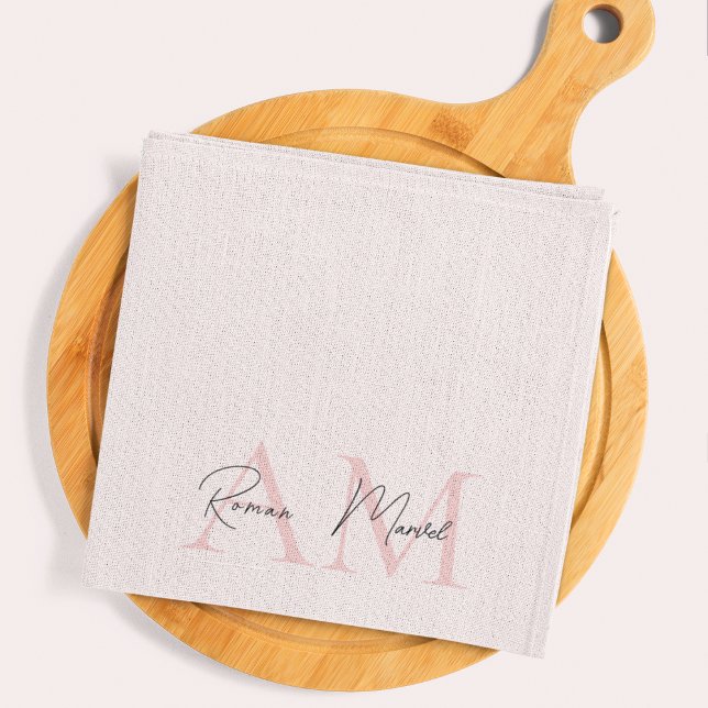 Linge De Cuisine Monogramme minimal initial et nom Pastel rose (Créateur téléchargé)