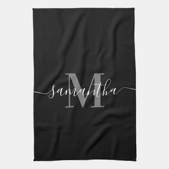 Linge De Cuisine Monogramme minimaliste noir (Vertical)