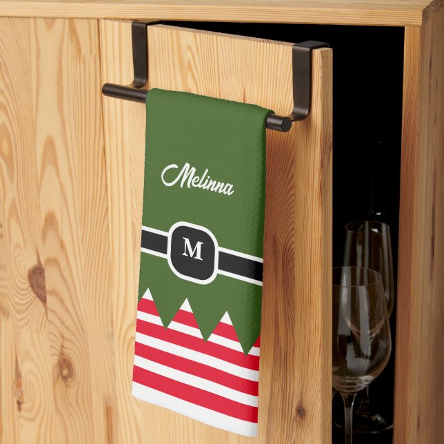 Linge De Cuisine Monogramme moderne Elfe Pine Vert Vacances (Pliage en tiers)