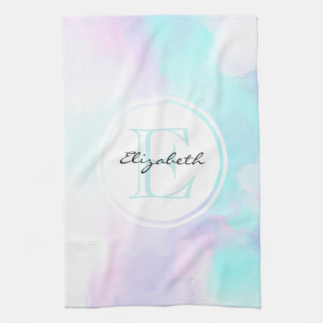 Linge De Cuisine Monogramme moderne Pastel Blue & Purple Aquarelle (Vertical)