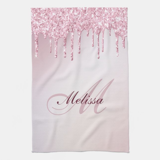 Linge De Cuisine ,monogramme moderne rose or violet parties scintil (Vertical)