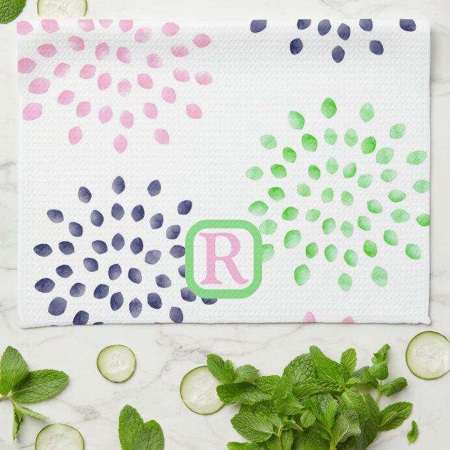 Linge De Cuisine Monogramme Motif d'aquarelle rose marine (Plié)