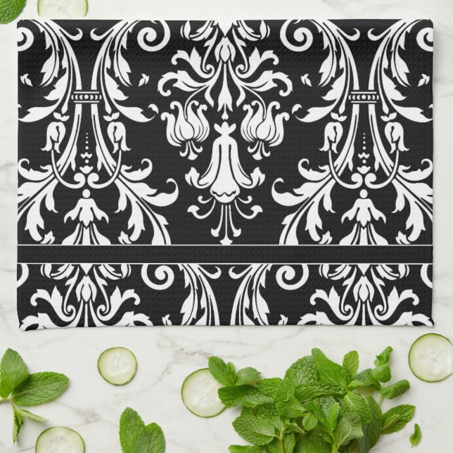 Linge De Cuisine Monogramme noir blanc Damas floral (Plié)