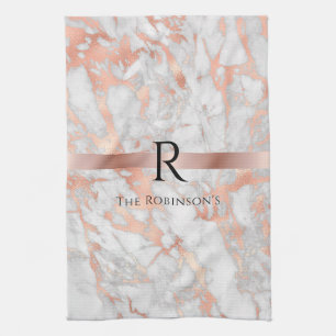 Linge De Cuisine Monogramme noir et nom, marbre d'or blanc et Rose