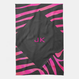 Linge De Cuisine Monogramme noir et rose chaud Zebra Design