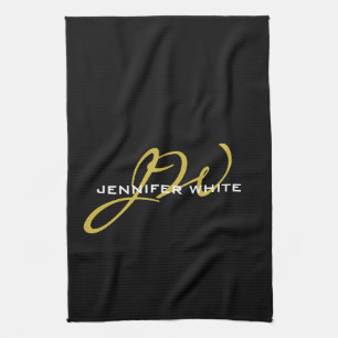 Linge De Cuisine Monogramme Noir Or Couleur Plaque Moderne Nom prop
