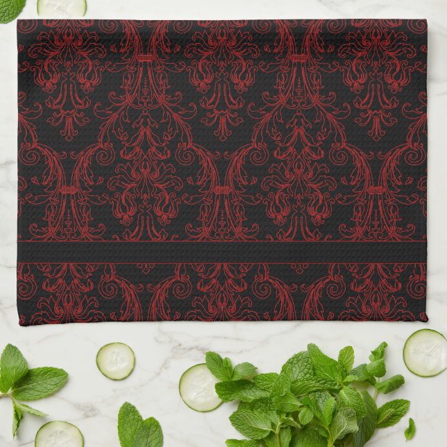 Linge De Cuisine Monogramme noir rouge Outline Damask Floral (Plié)