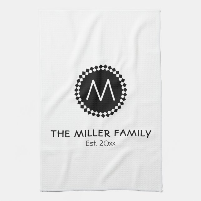 Linge De Cuisine Monogramme | Nom de famille | Médaillon noir et bl (Vertical)