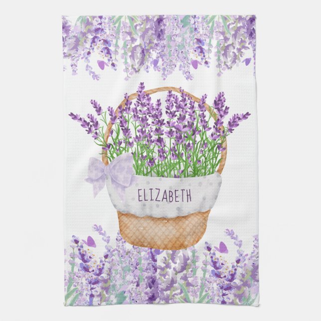 Linge De Cuisine Monogramme Nom Lavande Fleurs Panier Vert pourpre (Vertical)