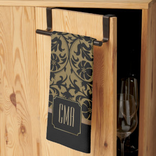 Linge De Cuisine Monogramme Or & Floral Damask Patte Cuisine Tow