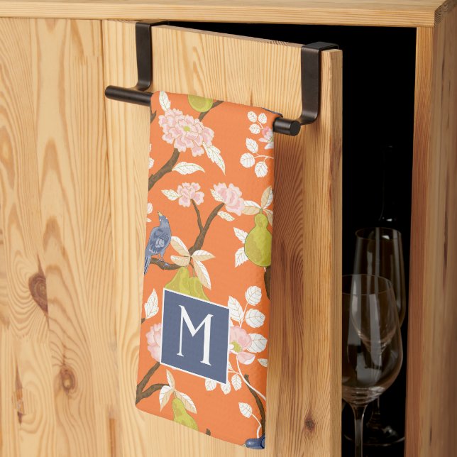 Linge De Cuisine Monogramme orangé et bleu de la Chinoiserie Oiseau (Pliage en tiers)