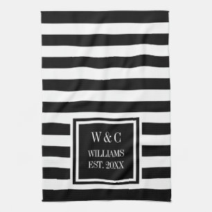 Linge De Cuisine Monogramme personnalisé à rayures noires et blanch