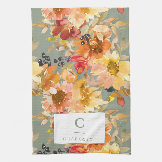 Linge De Cuisine Monogramme personnalisé Automne Automne Floral Ter (Vertical)