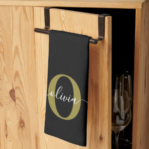 Linge De Cuisine Monogramme personnalisé Nom du script Black White 