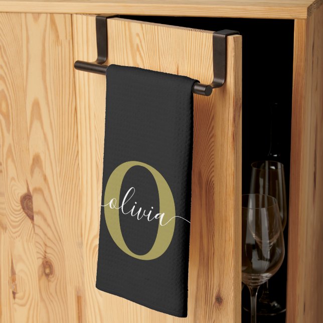 Linge De Cuisine Monogramme personnalisé Nom du script Black White  (Pliage en tiers)