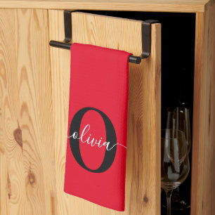 Linge De Cuisine Monogramme personnalisé Nom du script Rouge Noir B