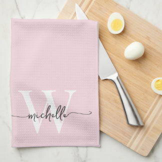 Linge De Cuisine Monogramme rose clair élégant moderne Script de no