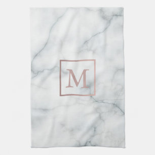 Linge De Cuisine Monogramme rose en or sur marbre blanc
