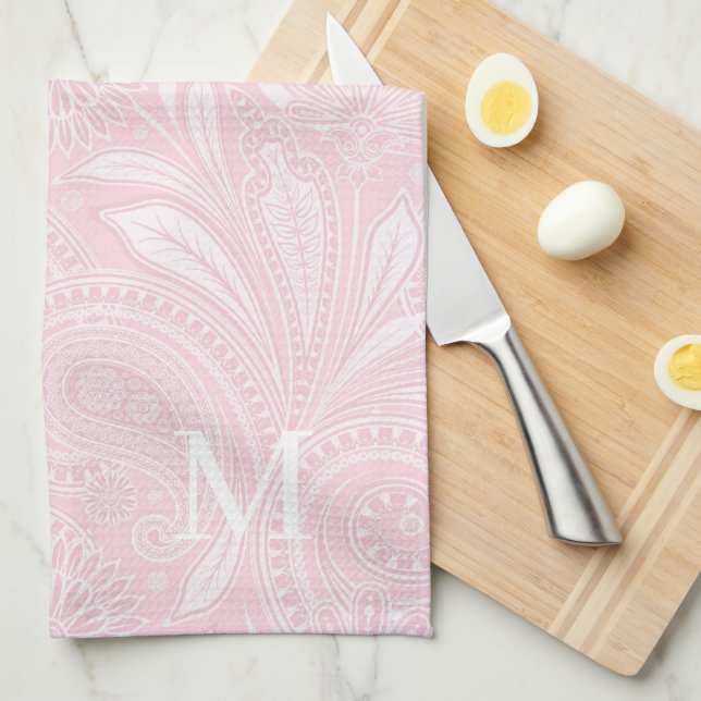 Linge De Cuisine Monogramme rose pâle (Quart Plié)