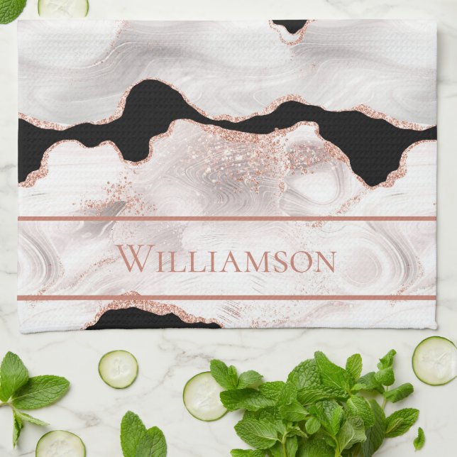 Linge De Cuisine Monogramme Rose Parties scintillant or Agate noir  (Plié)