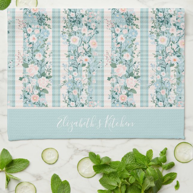 Linge De Cuisine Monogramme rose vert pastel Floral En vichy rayure (Plié)