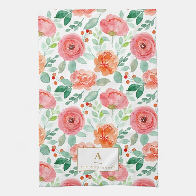 Linge De Cuisine Monogramme Rustique rouge orange aquarelle (Vertical)