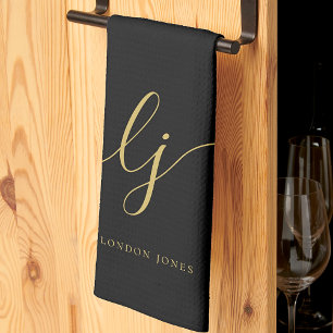 Linge De Cuisine Monogramme Simple Élégante Calligraphie Noir Or