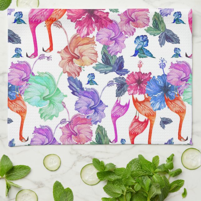 Linge De Cuisine Monogramme tropical du motif | d'aquarelle (Plié)