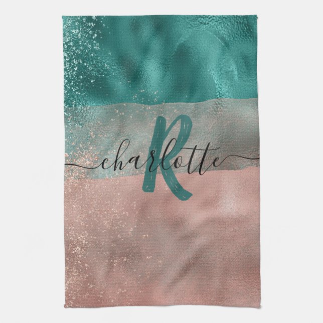 Linge De Cuisine Monogramme Turquoise et doux Pink Ombre Foil (Vertical)