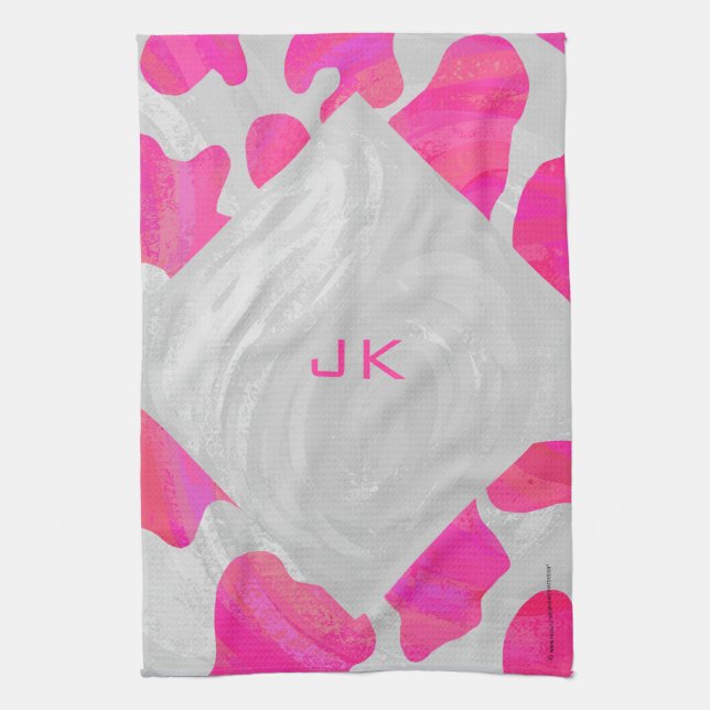 Linge De Cuisine Monogramme Vache rose et blanc chaud (Vertical)