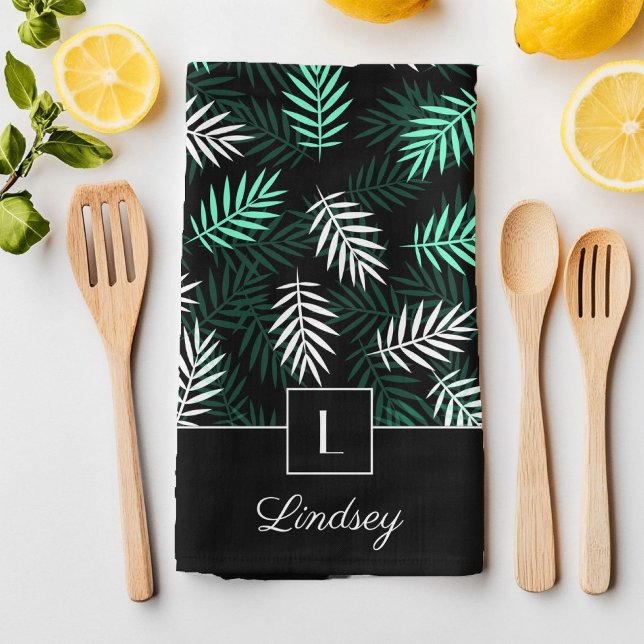 Linge De Cuisine Monogramme & Votre Nom Sur Feuille Vert foncé Moti (Modern Monogram Green Botanical Pattern Kitchen Towel)