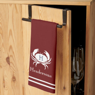 Linge De Cuisine Monogrammed Red  White Crab Nautical Kitchen Towel
