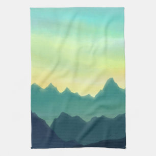 Linge De Cuisine Montagnes d'aquarelle jaune et Turquoise