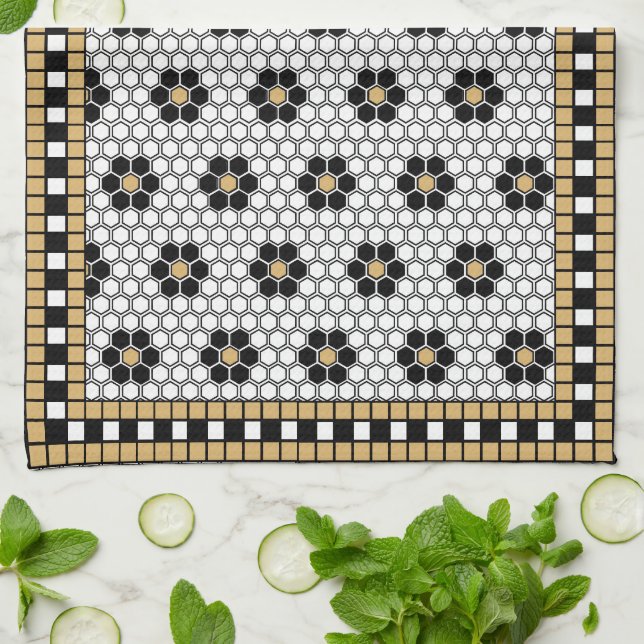 Linge De Cuisine Mosaic Inspiré Noir Blanc et Or (Plié)