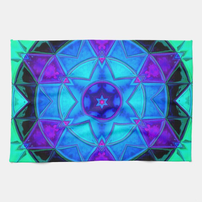 Linge De Cuisine Mosaic Kaleidoscope Fleur Bleu pourpre et Turquois (Horizontal)