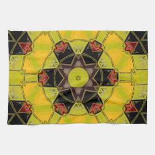 Linge De Cuisine Mosaic Mandala Fleur jaune vert rouge et noir